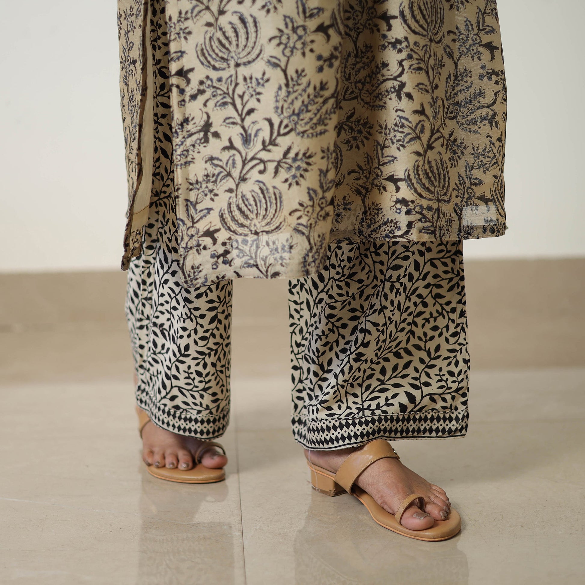 Beige - Chanderi Silk Hand Block Bagru Print Kurta Set 05