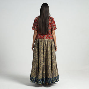 Brown - Ajrakh Block Printed 24 Kali Patchwork Cotton Long Skirt