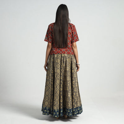 Brown - Ajrakh Block Printed 24 Kali Patchwork Cotton Long Skirt
