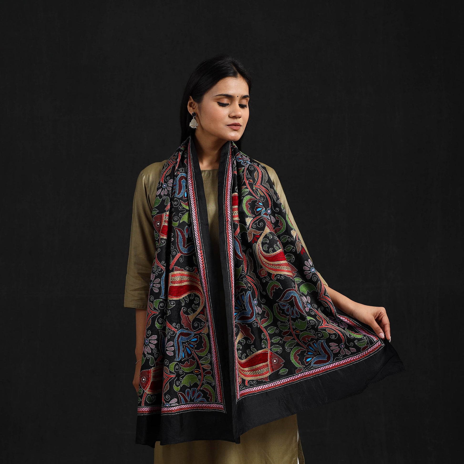 Black - Handloom Silk Bengal Kantha Work Stole 27