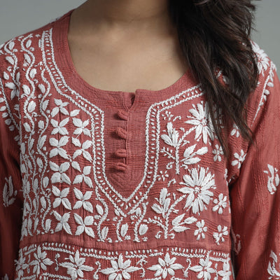Brown - Chikankari Hand Embroidered Cotton Long Kurta