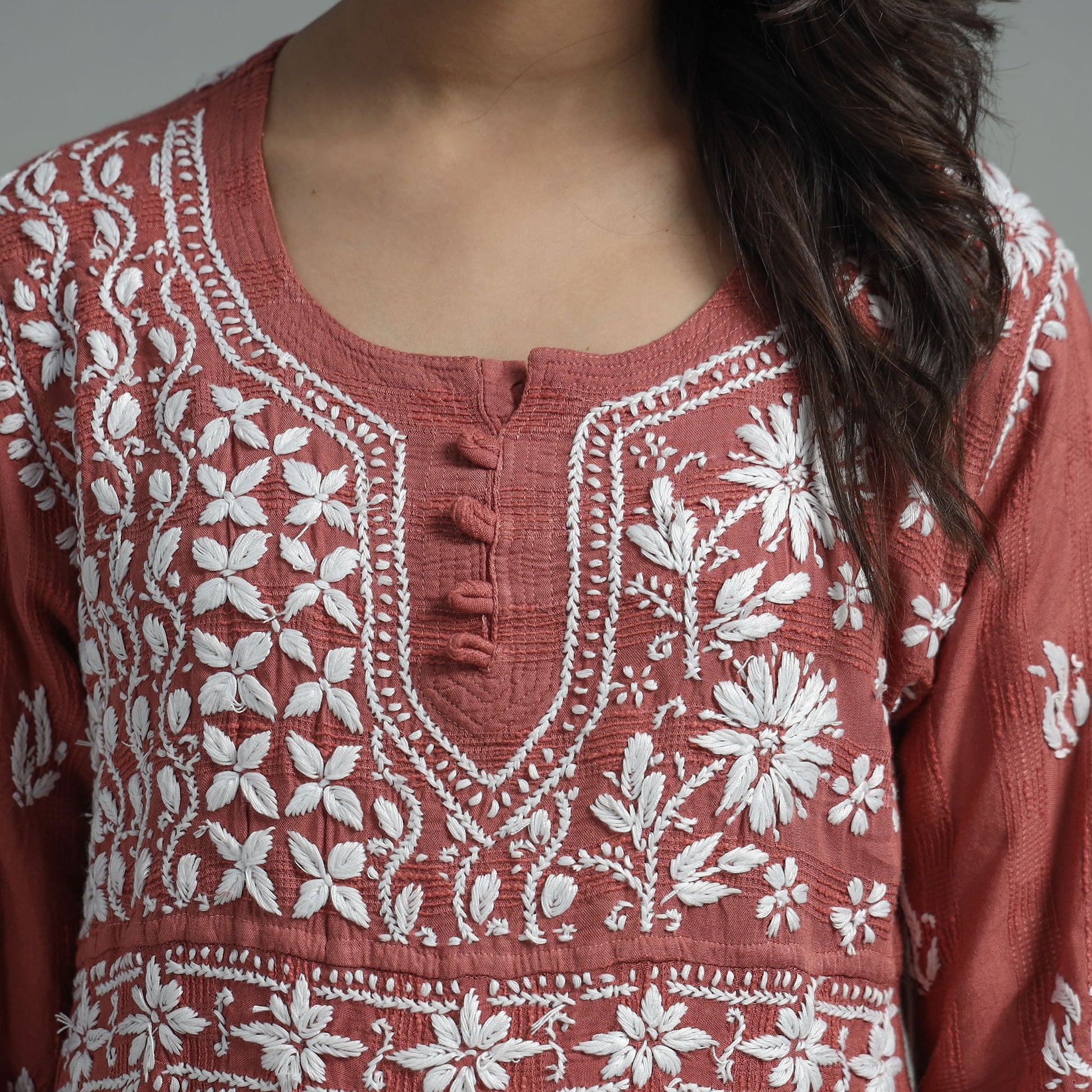 Brown - Chikankari Hand Embroidered Cotton Long Kurta
