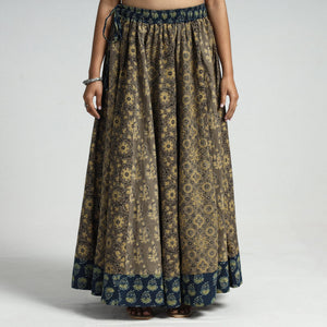 Brown - Ajrakh Block Printed 24 Kali Patchwork Cotton Long Skirt