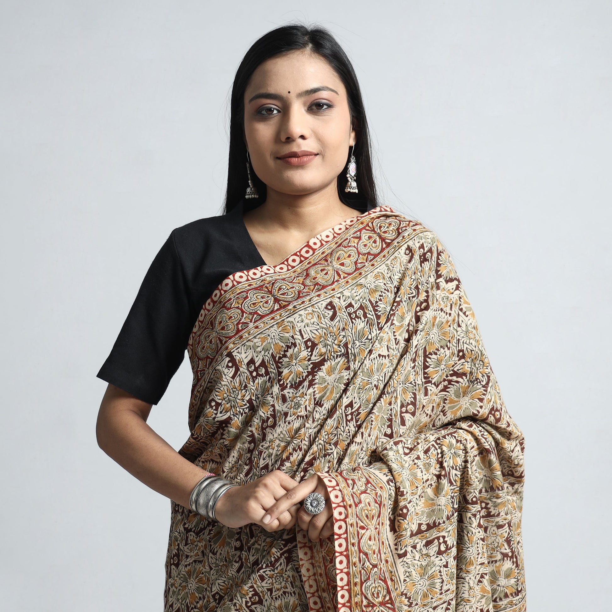 Beige - Pedana Block Print Cotton Kalamkari Saree