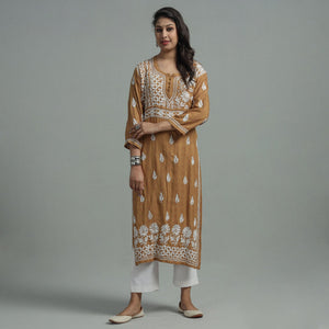 Brown - Chikankari Hand Embroidered Cotton Long Kurta