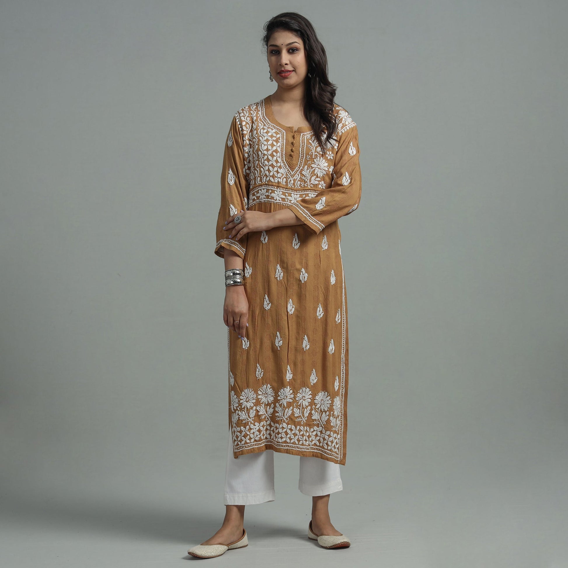 Brown - Chikankari Hand Embroidered Cotton Long Kurta