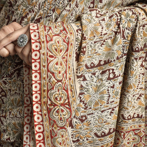 Beige - Pedana Block Print Cotton Kalamkari Saree