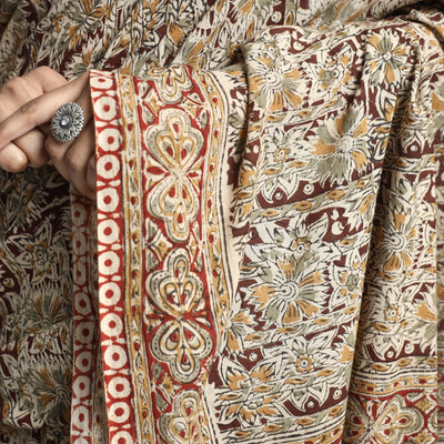 Beige - Pedana Block Print Cotton Kalamkari Saree