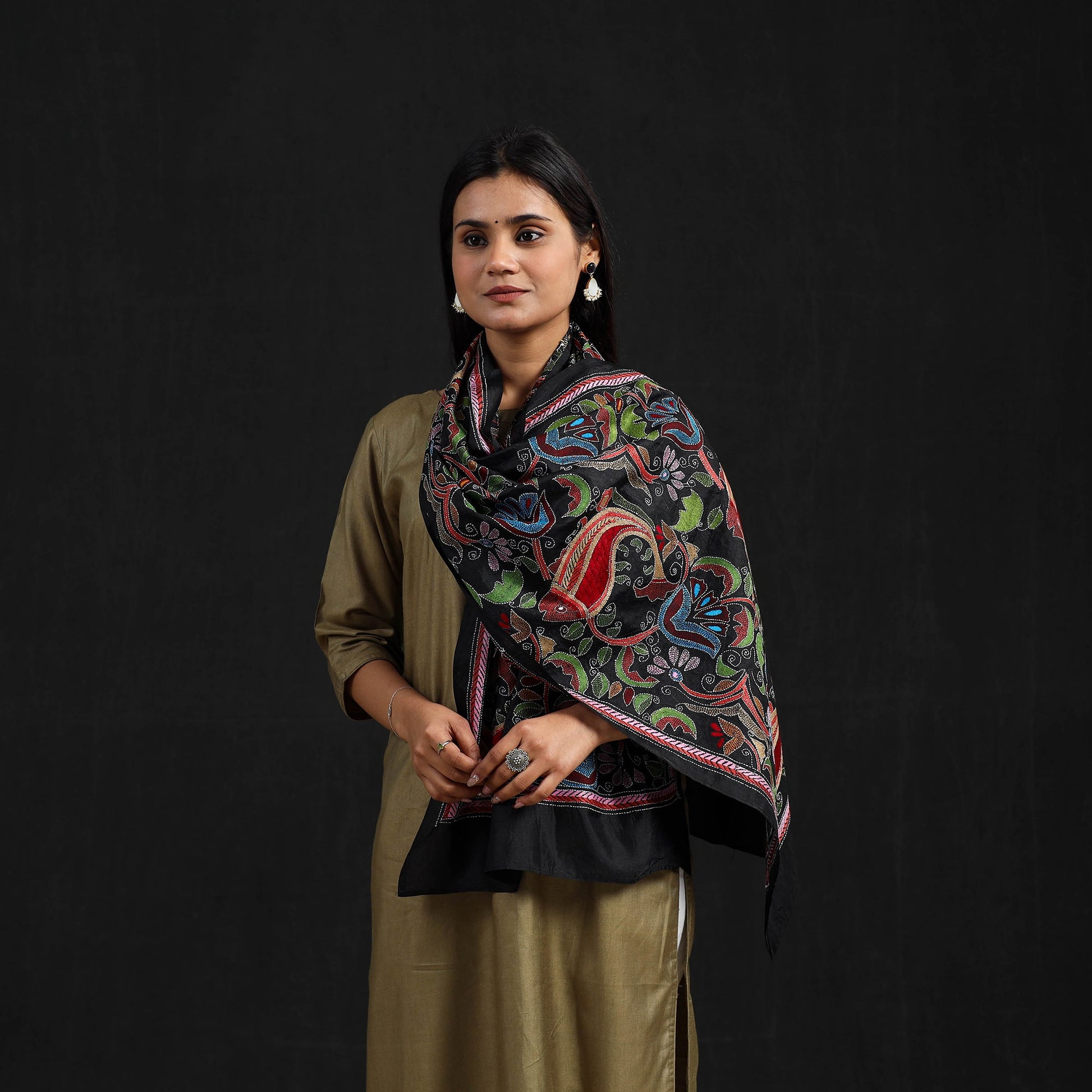 Black - Handloom Silk Bengal Kantha Work Stole 27