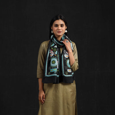 Black - Handloom Silk Bengal Kantha Work Stole 10