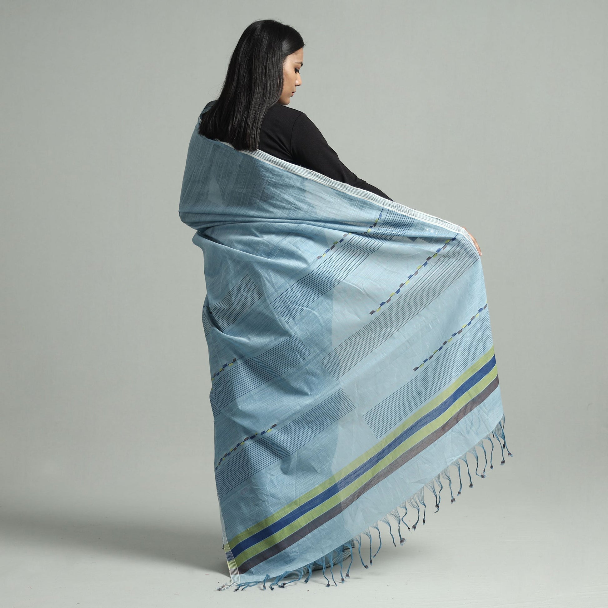 Blue - Godavari Vine Jamdani Cotton Handspun Handloom Saree