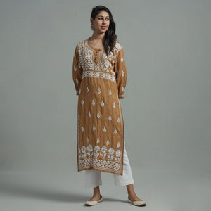 Brown - Chikankari Hand Embroidered Cotton Long Kurta