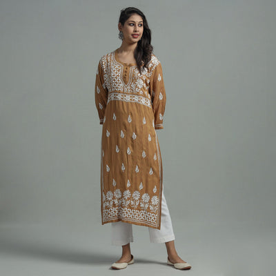 Brown - Chikankari Hand Embroidered Cotton Long Kurta