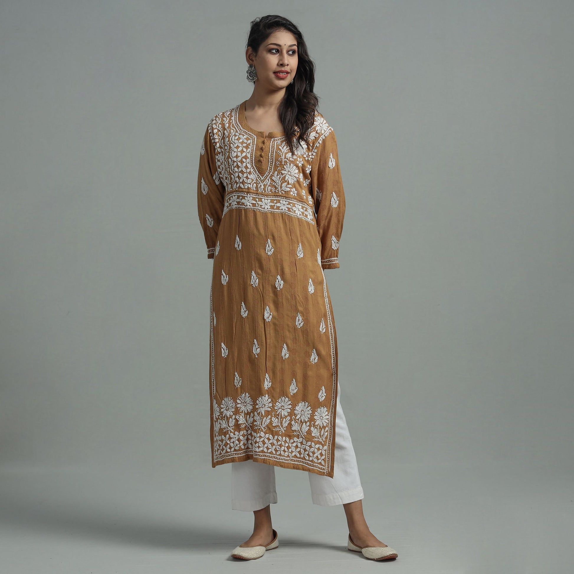 Brown - Chikankari Hand Embroidered Cotton Long Kurta