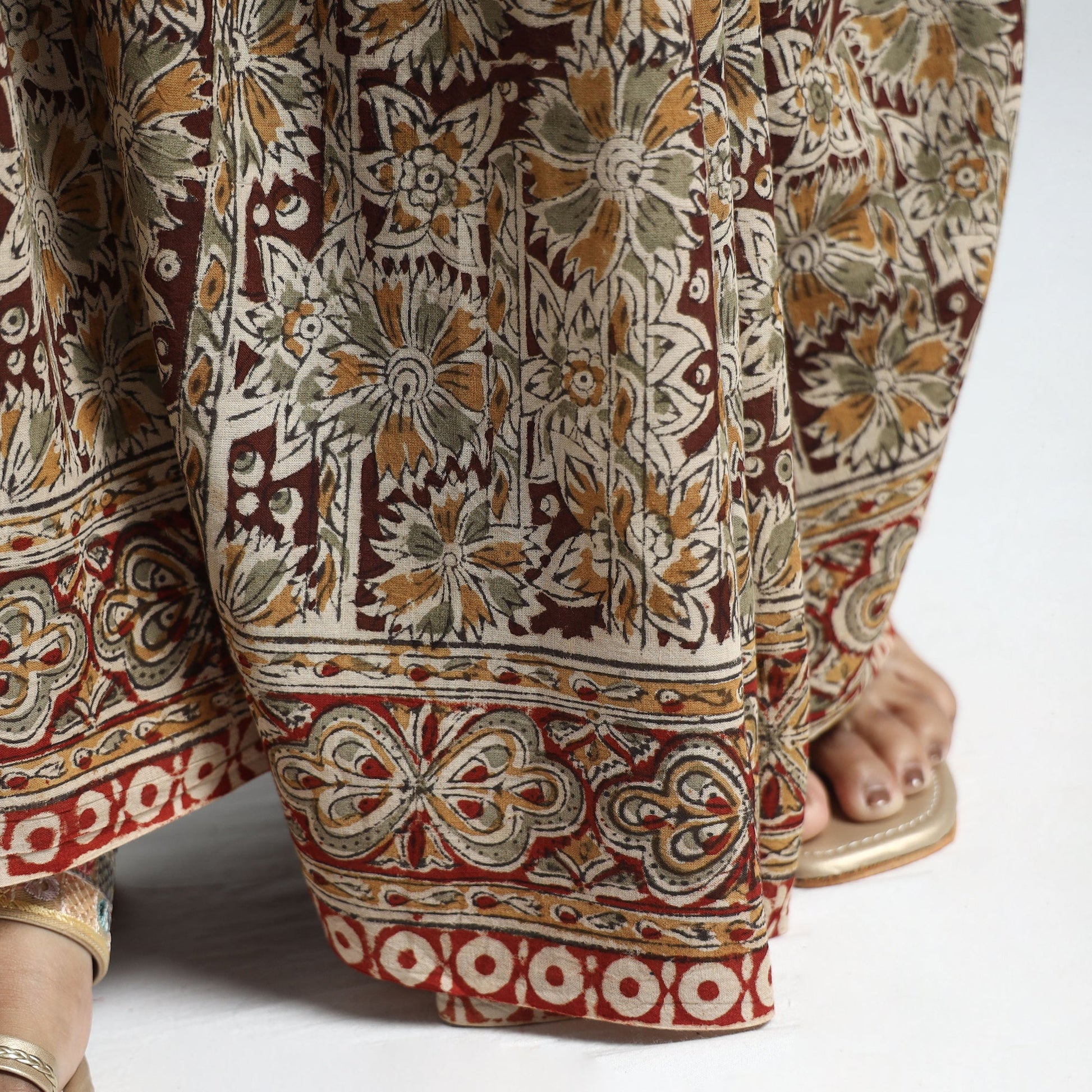 Beige - Pedana Block Print Cotton Kalamkari Saree