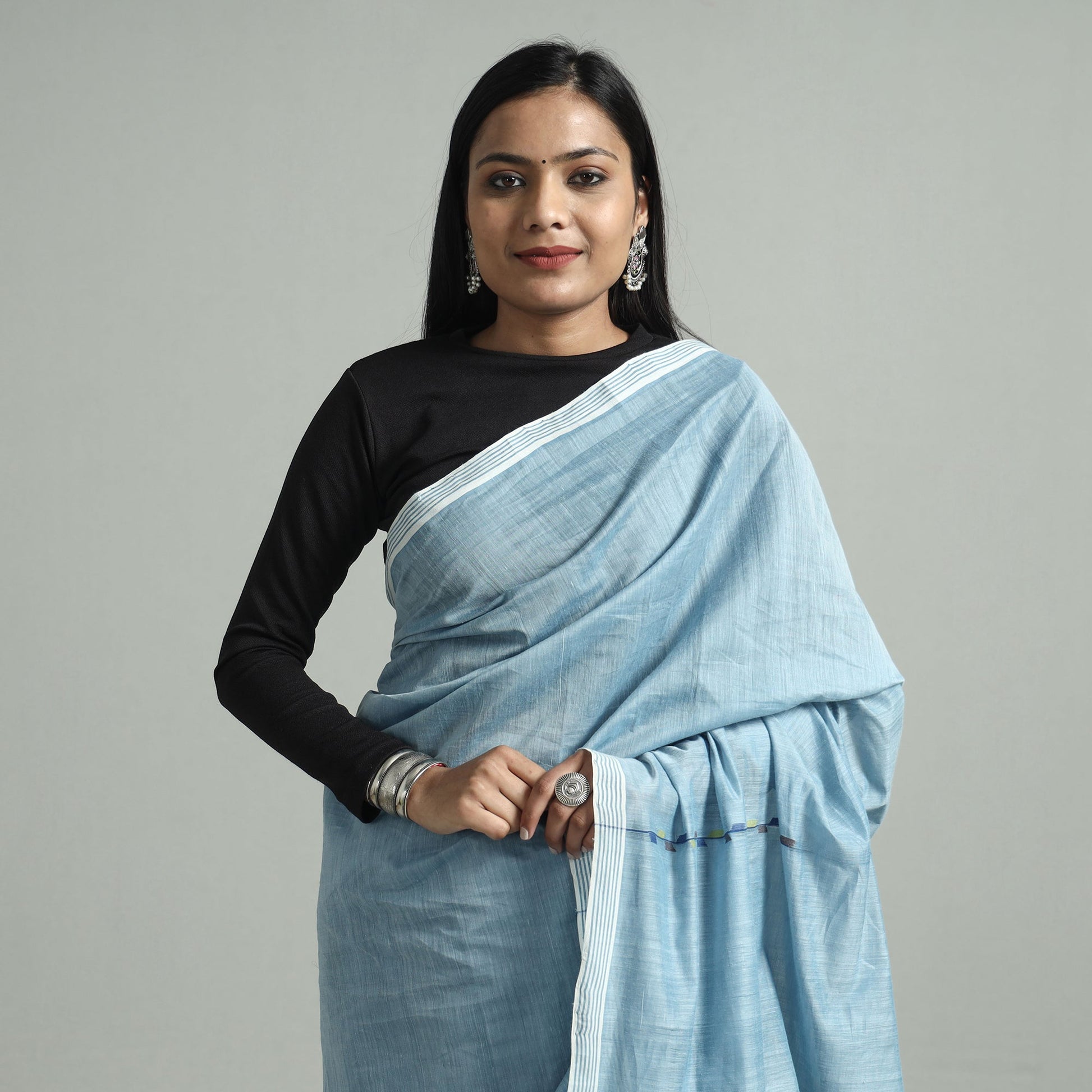 Blue - Godavari Vine Jamdani Cotton Handspun Handloom Saree