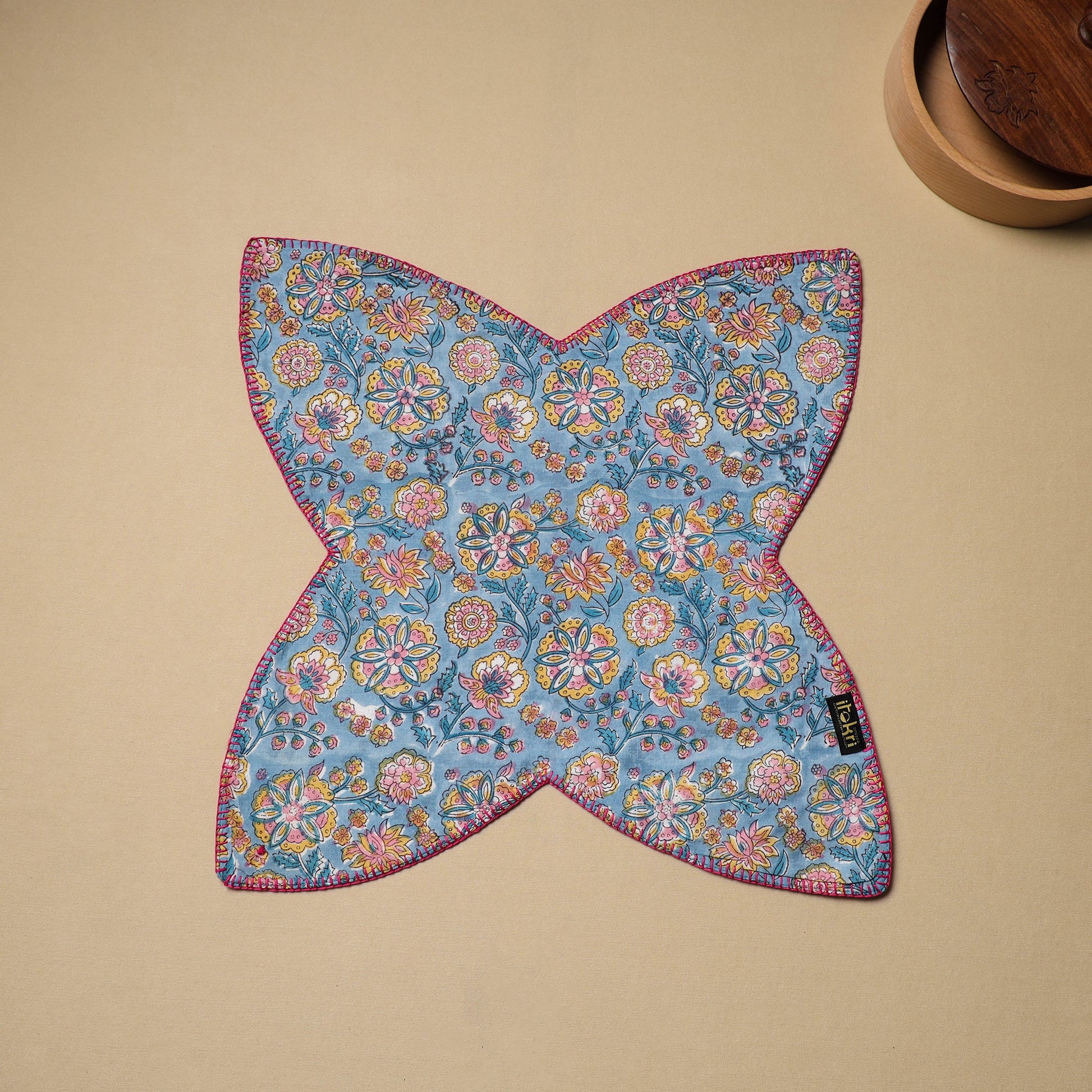 Blue - Hand Embroidered Cotton Roti Napkin 11