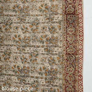 Beige - Pedana Block Print Cotton Kalamkari Saree