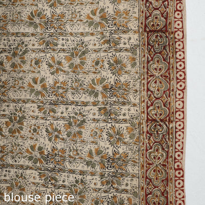 Beige - Pedana Block Print Cotton Kalamkari Saree