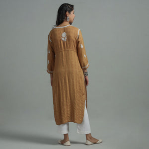Brown - Chikankari Hand Embroidered Cotton Long Kurta