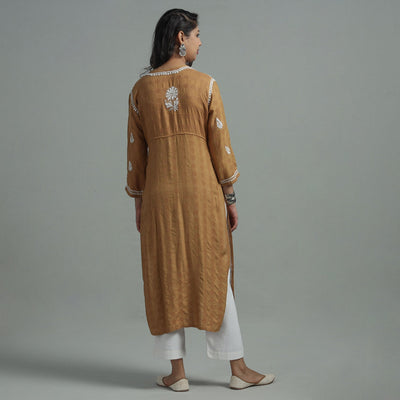 Brown - Chikankari Hand Embroidered Cotton Long Kurta