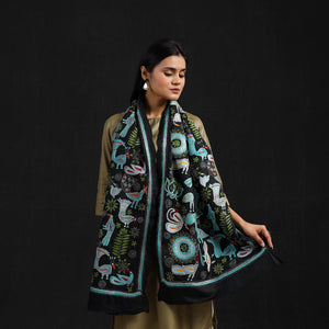 Black - Handloom Silk Bengal Kantha Work Stole 10