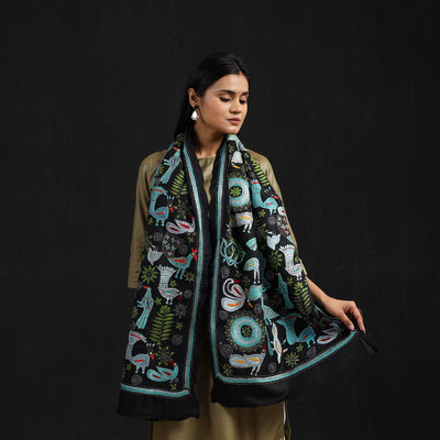 Black - Handloom Silk Bengal Kantha Work Stole 10