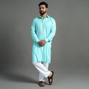 Aqua Blue - Linen Viscose Plain Men Long Pathani Kurta