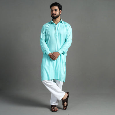 Aqua Blue - Linen Viscose Plain Men Long Pathani Kurta