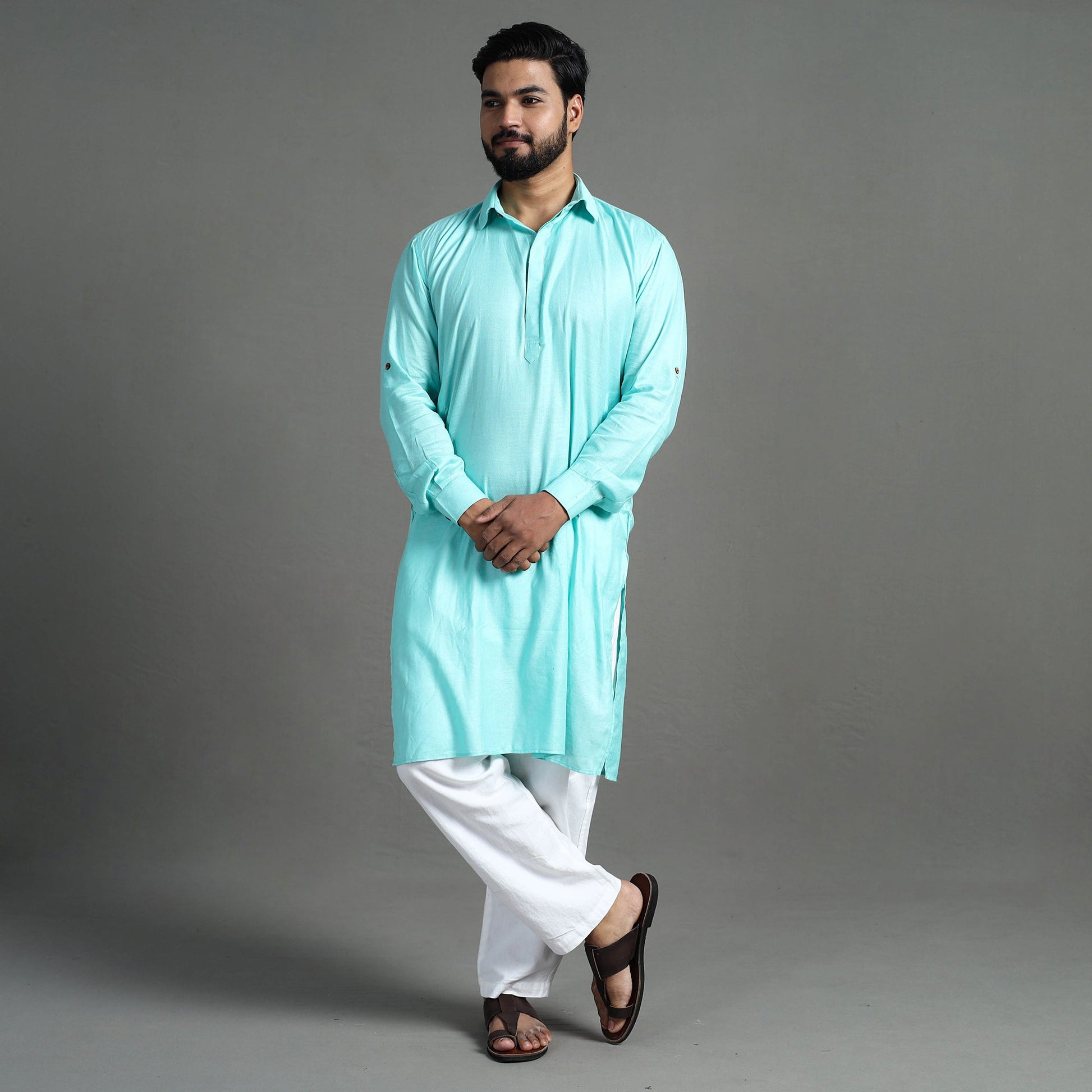 Aqua Blue - Linen Viscose Plain Men Long Pathani Kurta