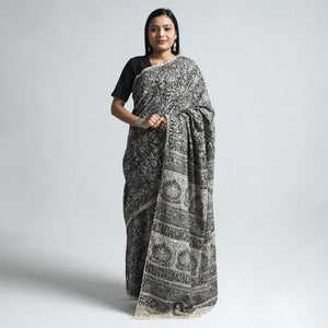 Black - Pedana Block Print Cotton Kalamkari Saree