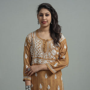 Brown - Chikankari Hand Embroidered Cotton Long Kurta