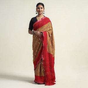 Brown - Kutch Bandhani Tie-Dye Cotton Saree with Blouse Piece