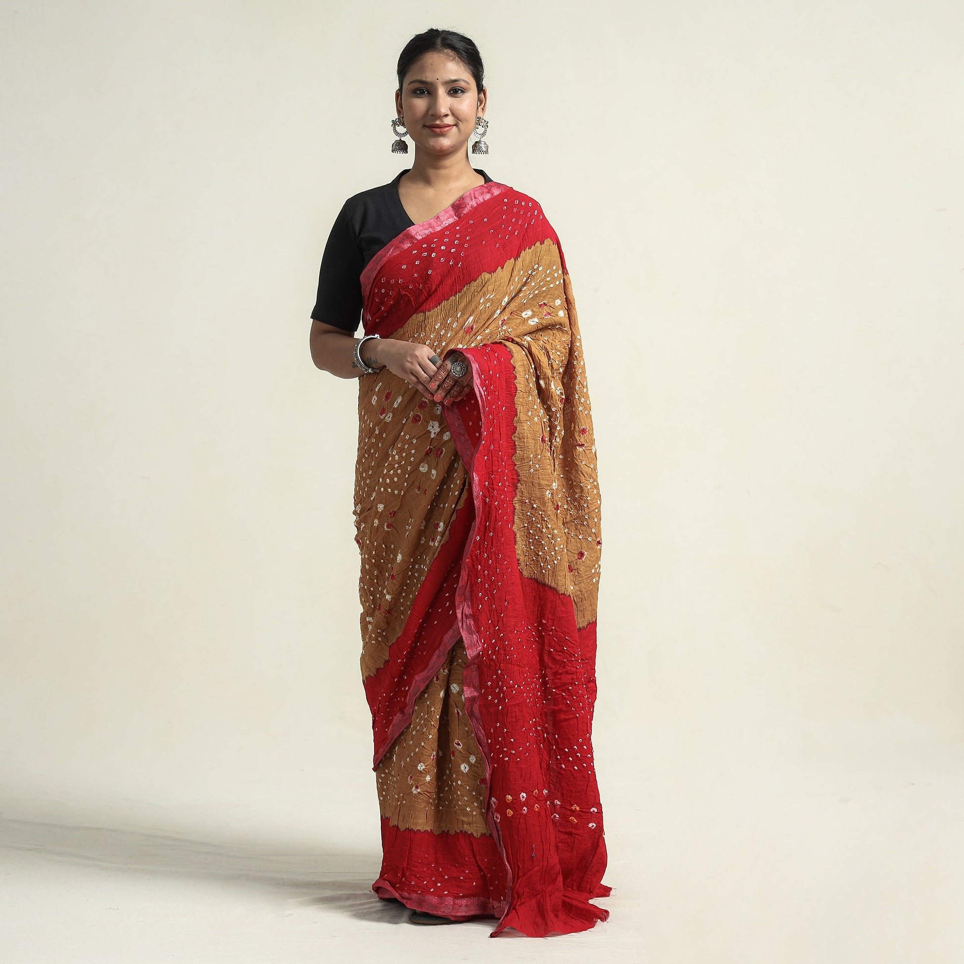 Brown - Kutch Bandhani Tie-Dye Cotton Saree with Blouse Piece