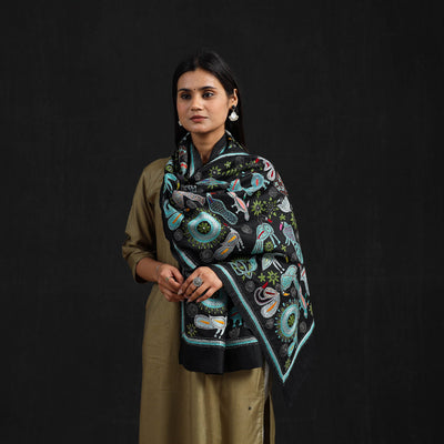 Black - Handloom Silk Bengal Kantha Work Stole 10