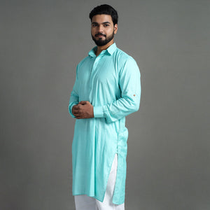 Aqua Blue - Linen Viscose Plain Men Long Pathani Kurta