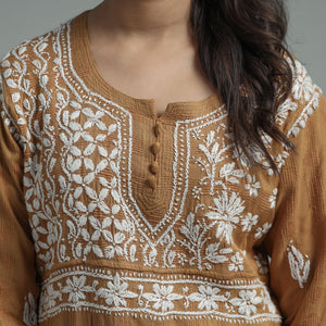 Brown - Chikankari Hand Embroidered Cotton Long Kurta