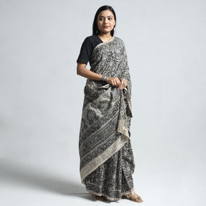 Black - Pedana Block Print Cotton Kalamkari Saree
