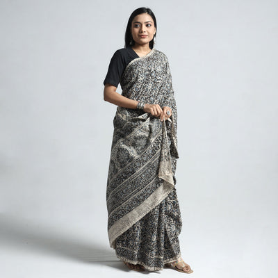 Black - Pedana Block Print Cotton Kalamkari Saree
