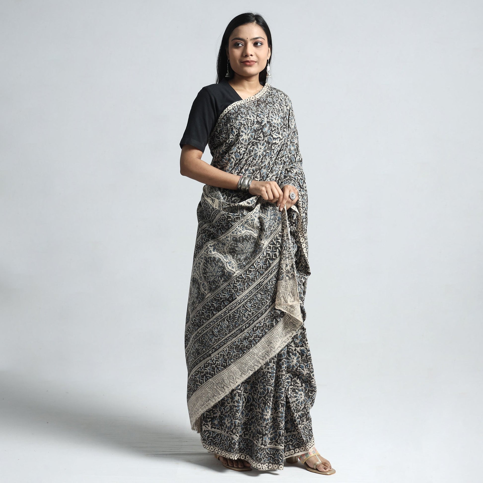 Black - Pedana Block Print Cotton Kalamkari Saree