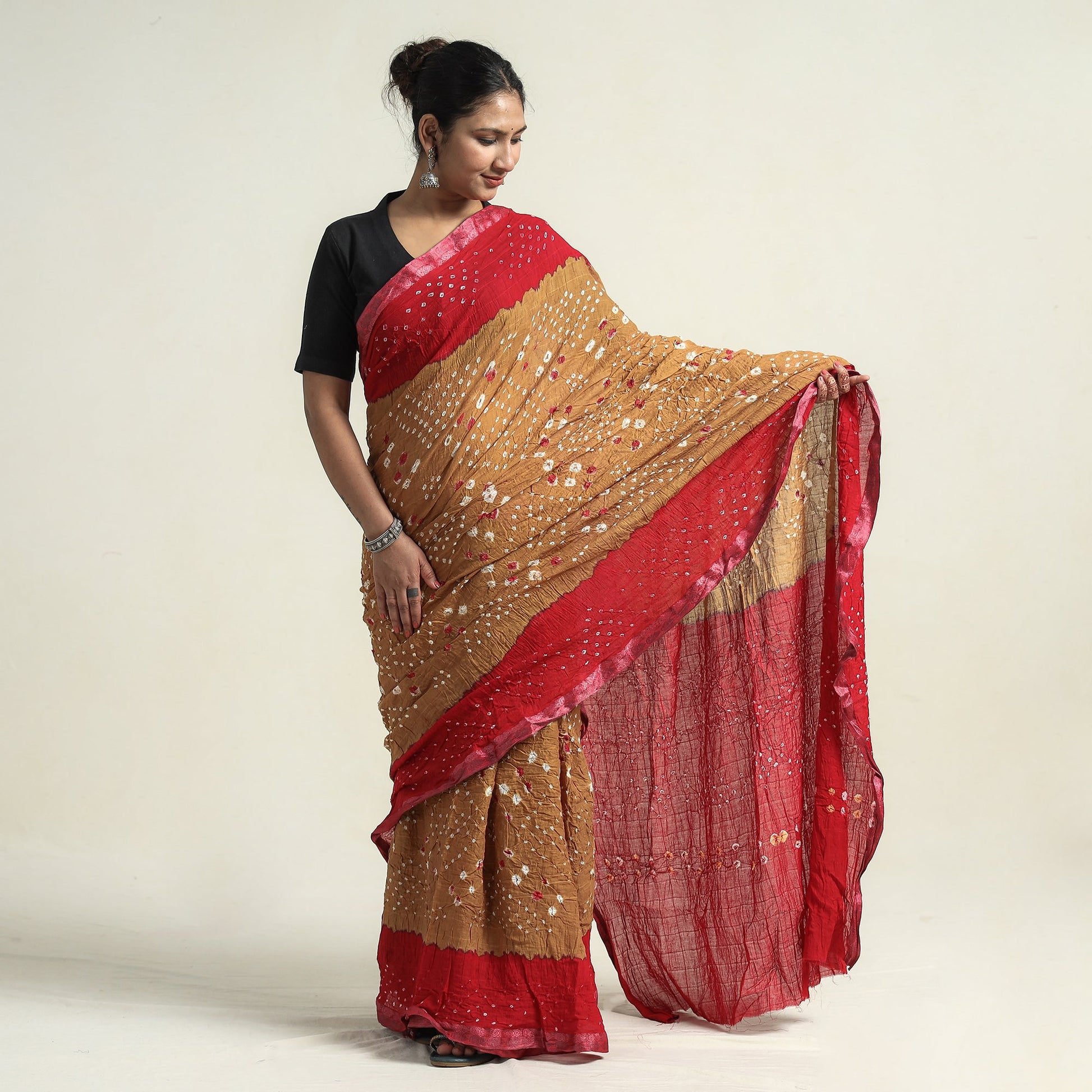 Brown - Kutch Bandhani Tie-Dye Cotton Saree with Blouse Piece