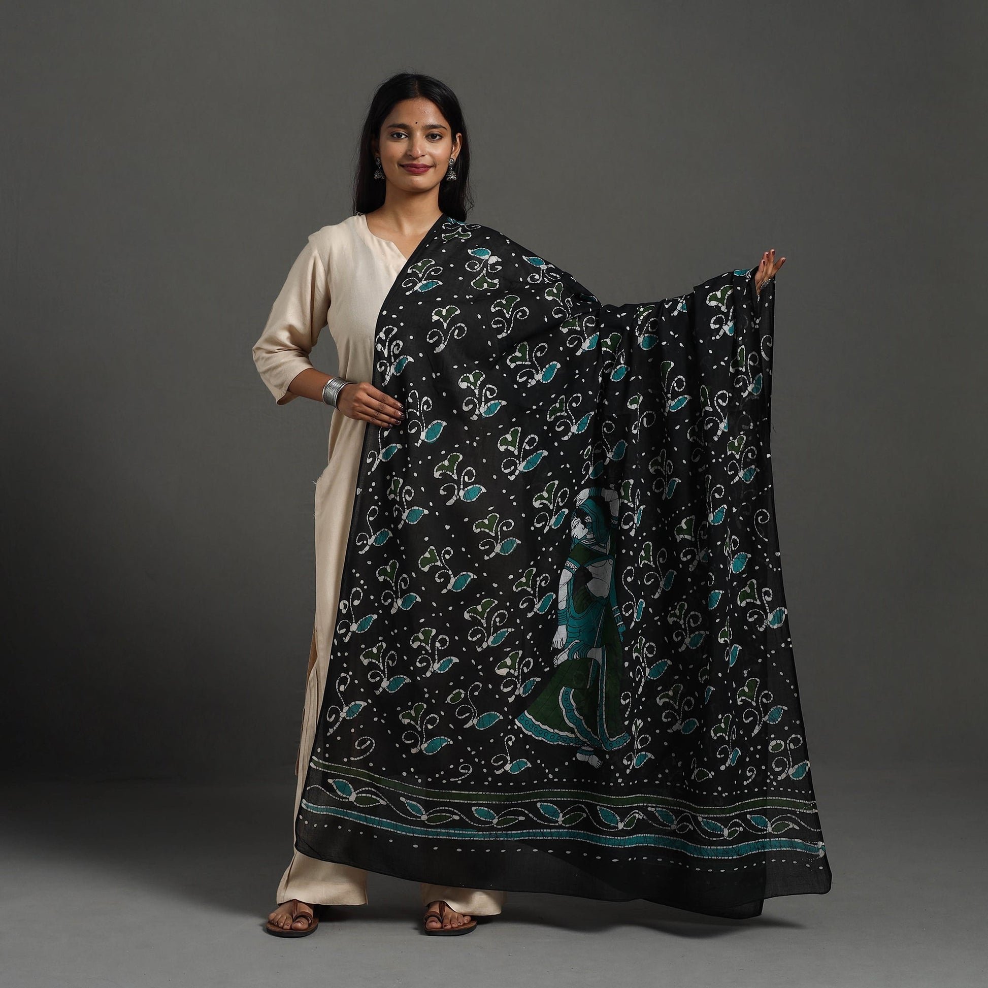 Black - Cotton Hand Batik Print Dupatta 33