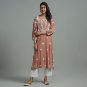 Brown - Chikankari Hand Embroidered Soft Cotton Long Kurta