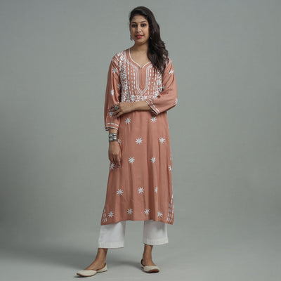 Brown - Chikankari Hand Embroidered Soft Cotton Long Kurta