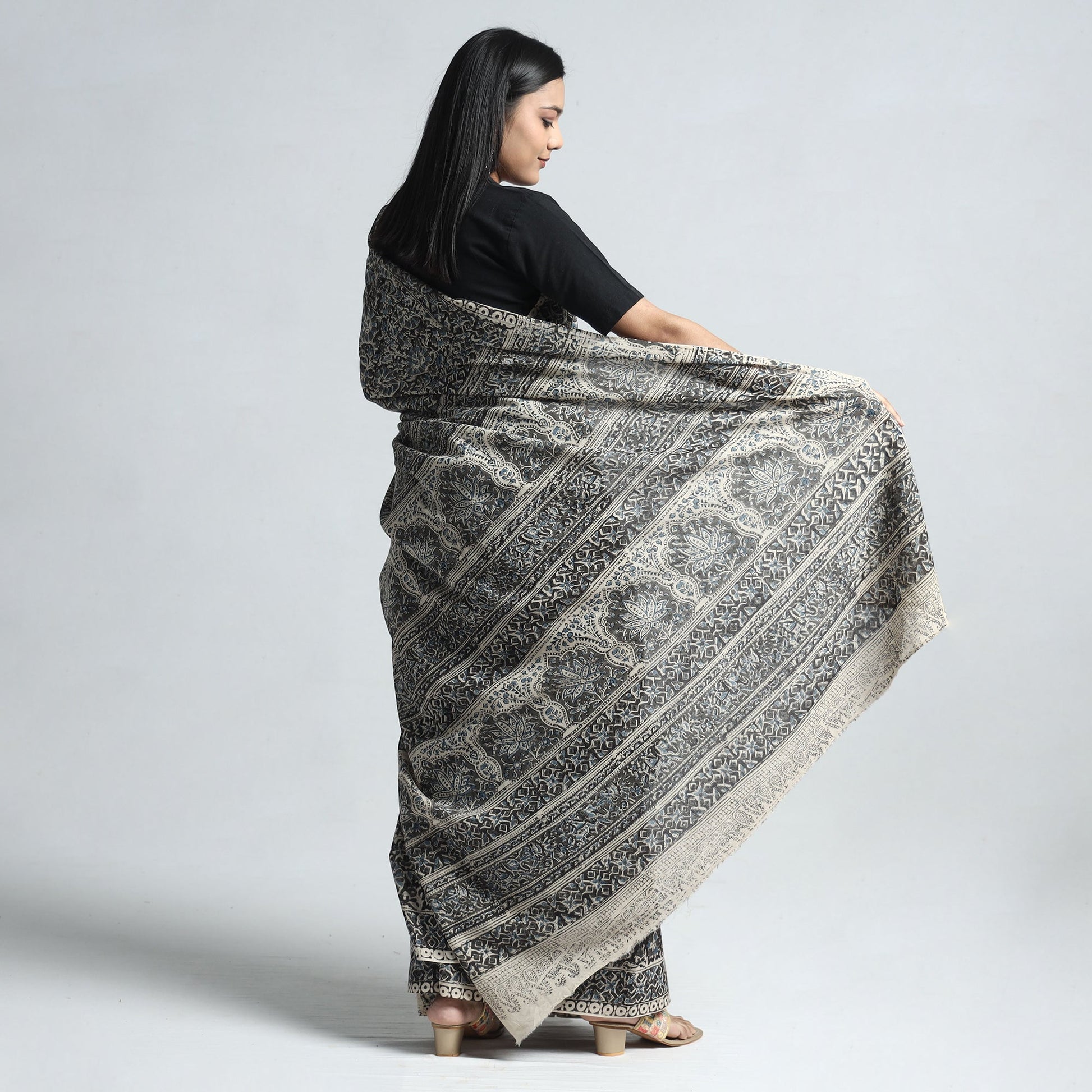 Black - Pedana Block Print Cotton Kalamkari Saree