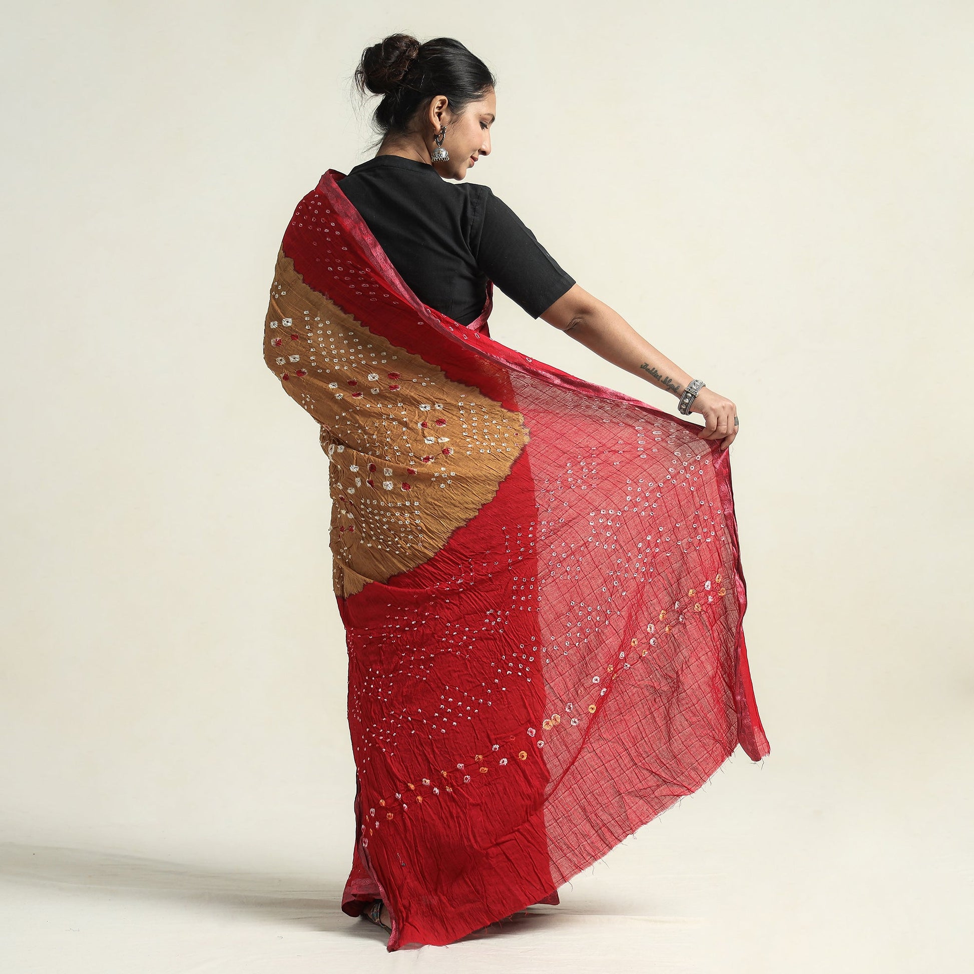 Brown - Kutch Bandhani Tie-Dye Cotton Saree with Blouse Piece