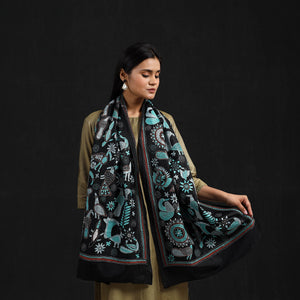 Black - Handloom Silk Bengal Kantha Work Stole 11