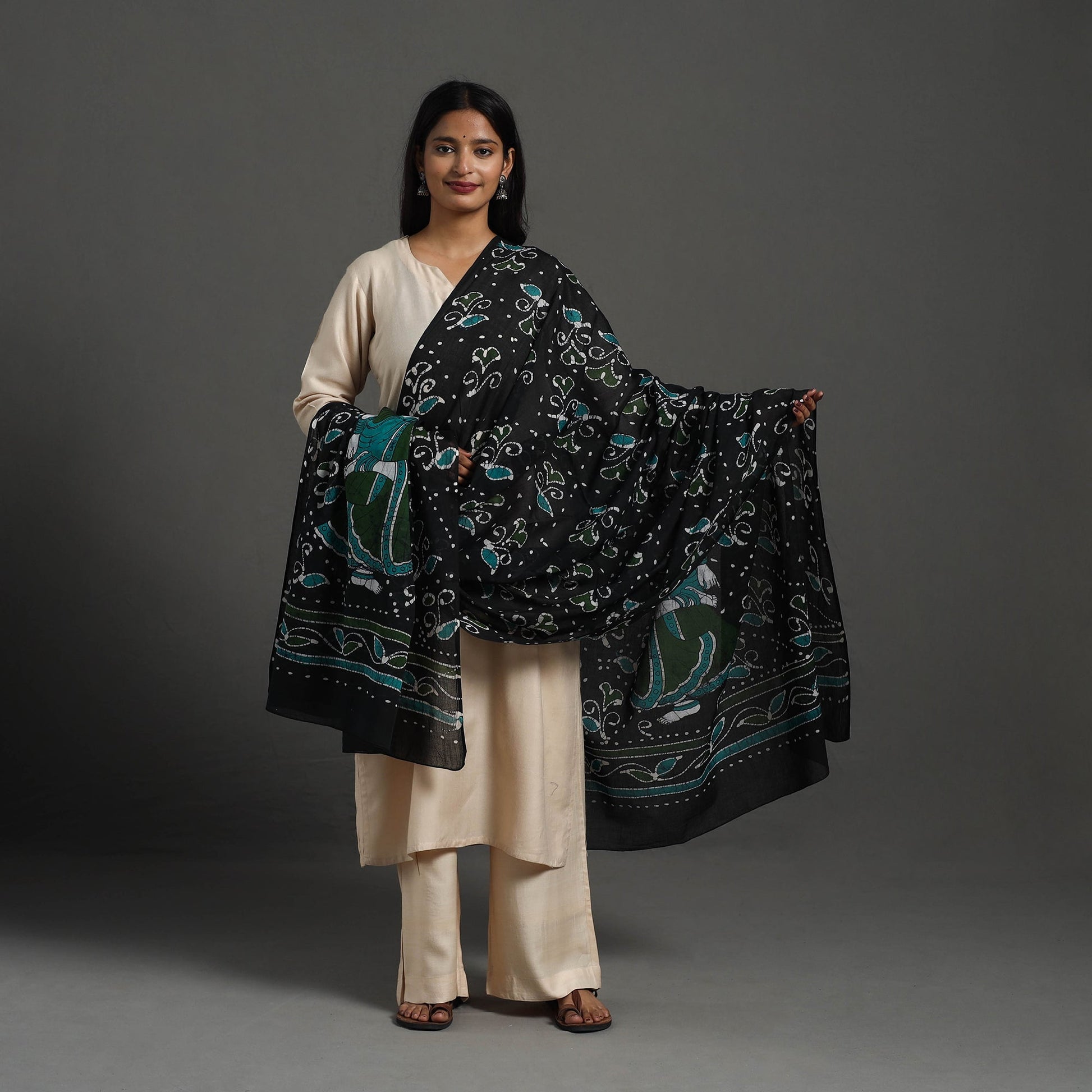 Black - Cotton Hand Batik Print Dupatta 33