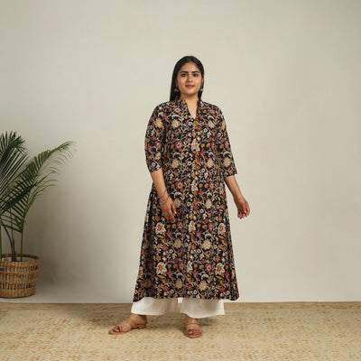 Black - Printed Cotton A-Line Kalamkari Kurta 07