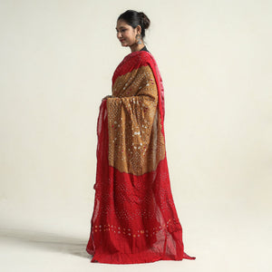 Brown - Kutch Bandhani Tie-Dye Cotton Saree with Blouse Piece